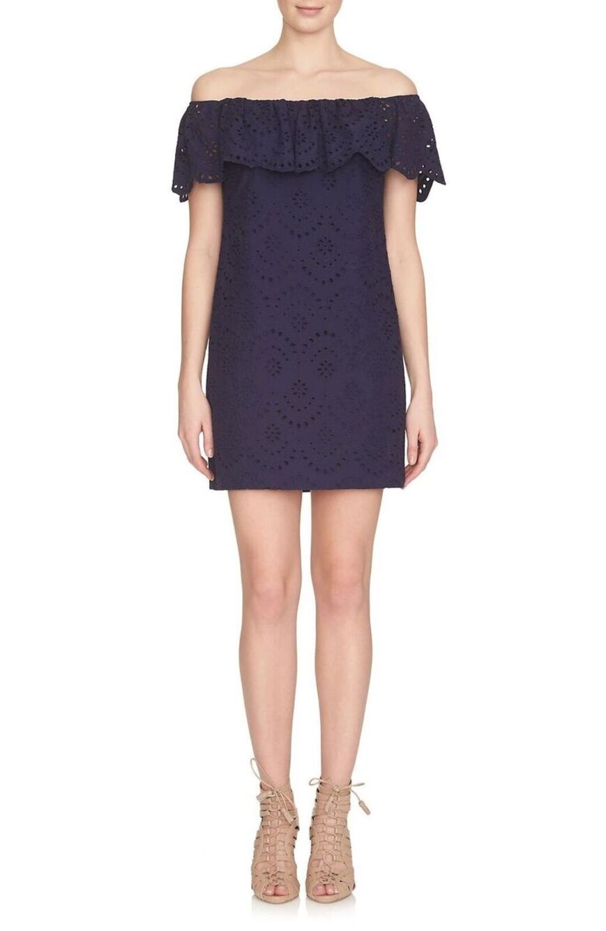 Cynthia Steffe Navy Eyelet Off Shoulder Dress Size 6